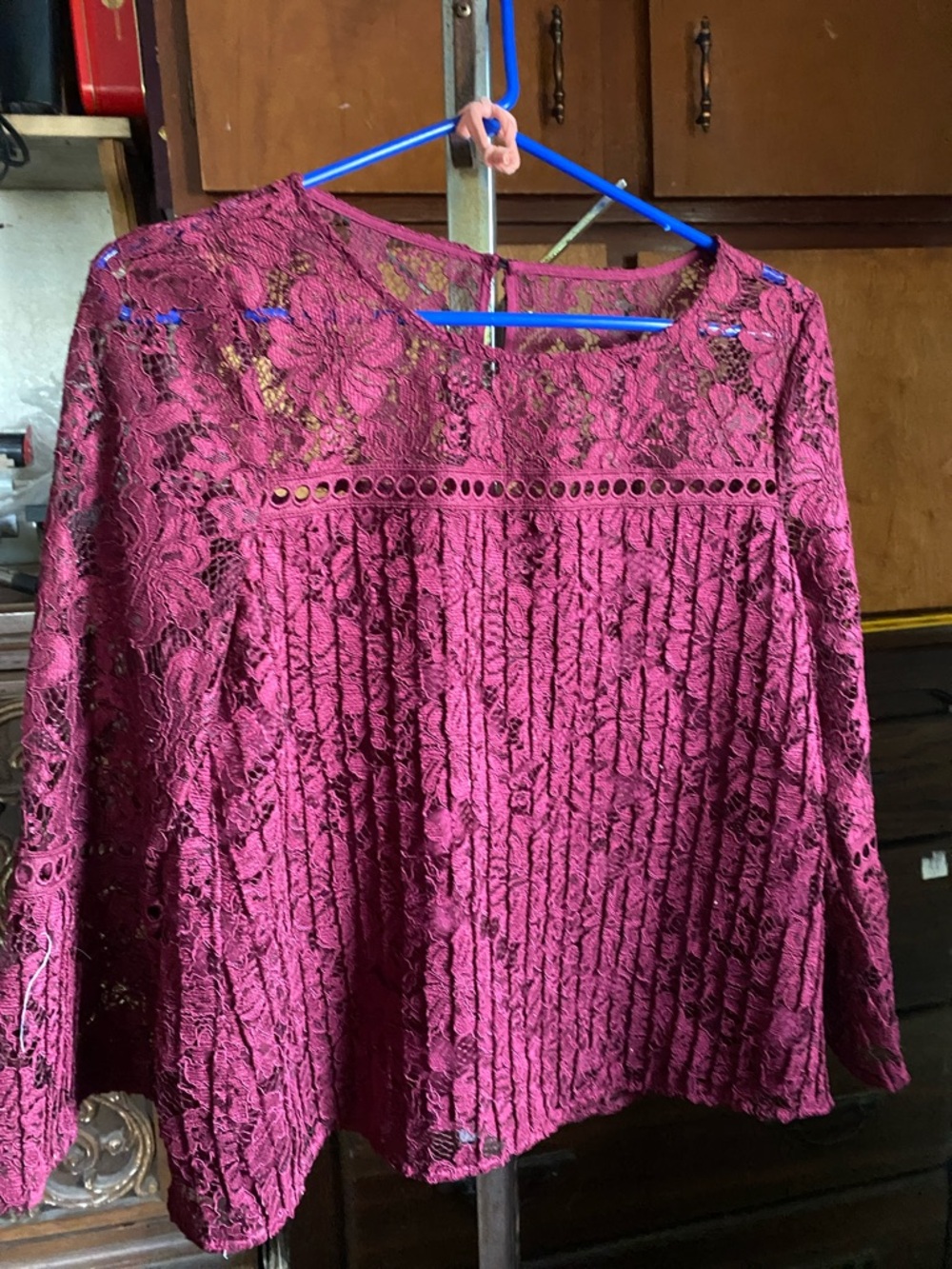 Laundry By Shelli Segal Wine Lace Long-Sleeve Blouse
